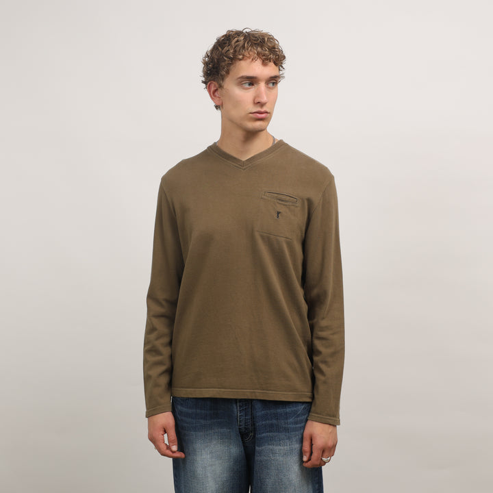 Yves Saint Laurent (YSL) Long Sleeve T-shirt - Large Khaki Green Cotton