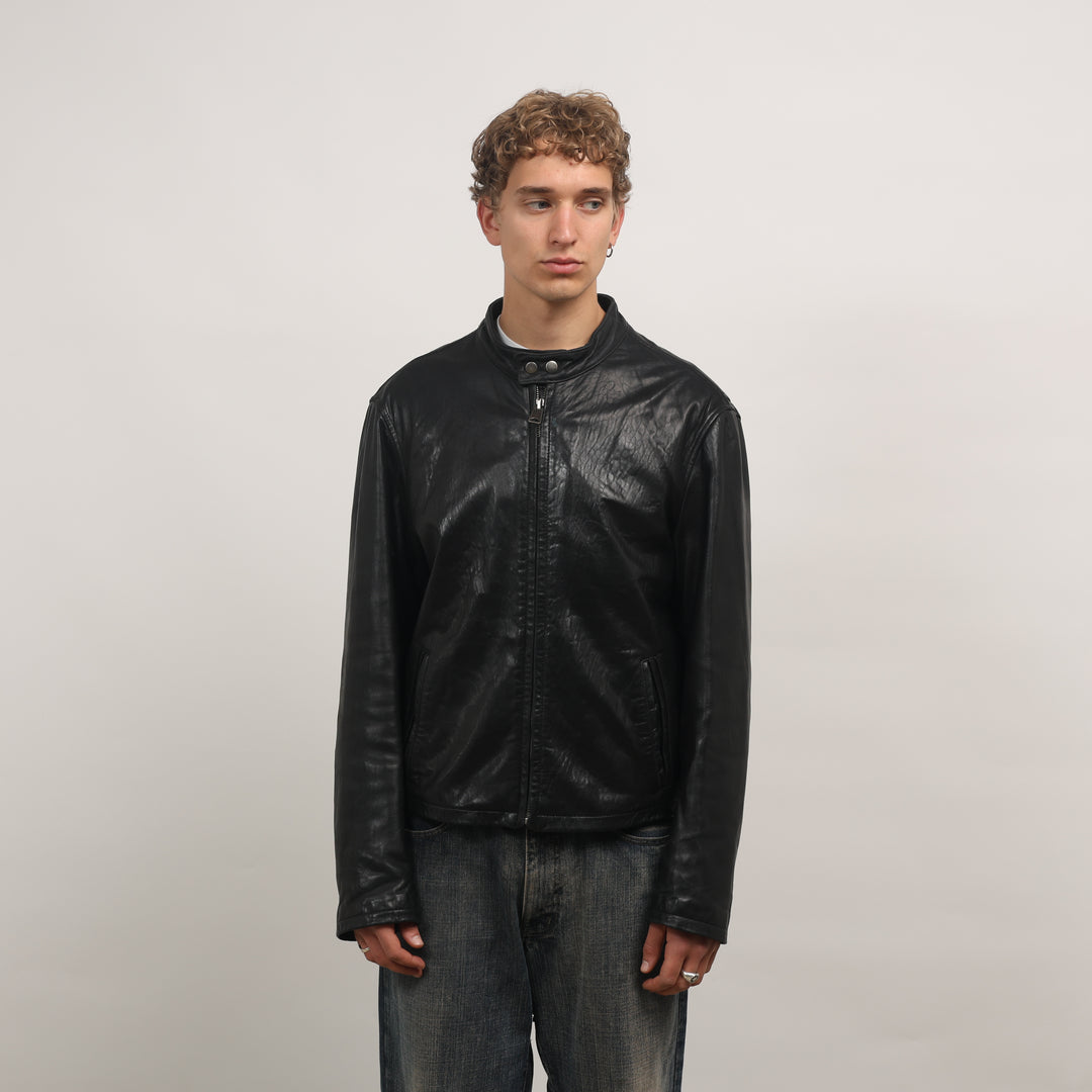 90's Leather Biker Jacket - Large Black Leather