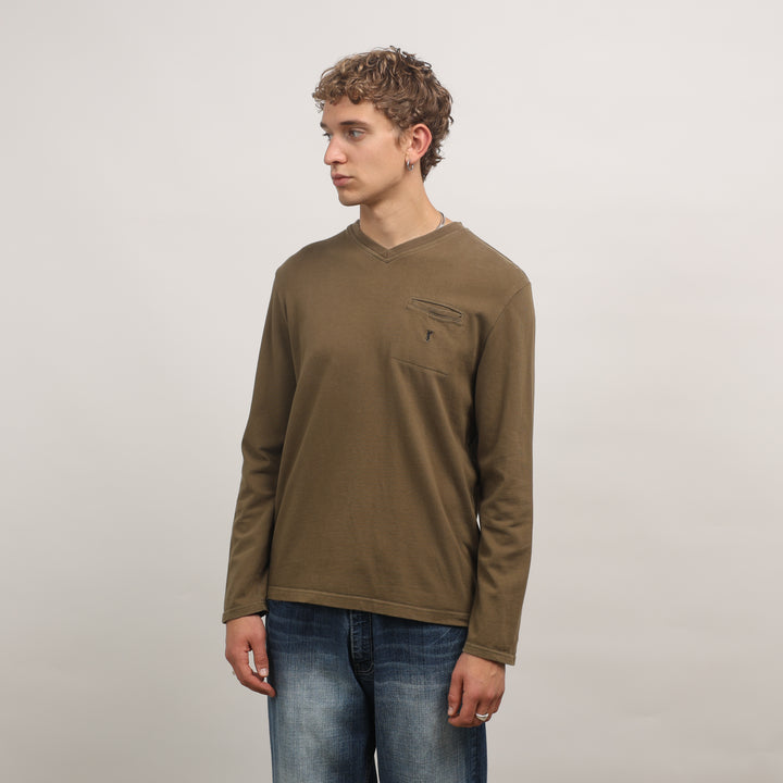 Yves Saint Laurent (YSL) Long Sleeve T-shirt - Large Khaki Green Cotton