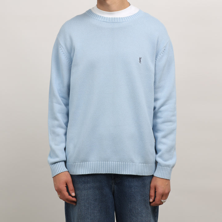 Yves Saint Laurent (YSL) Crewneck Jumper - Large Baby Blue Cotton