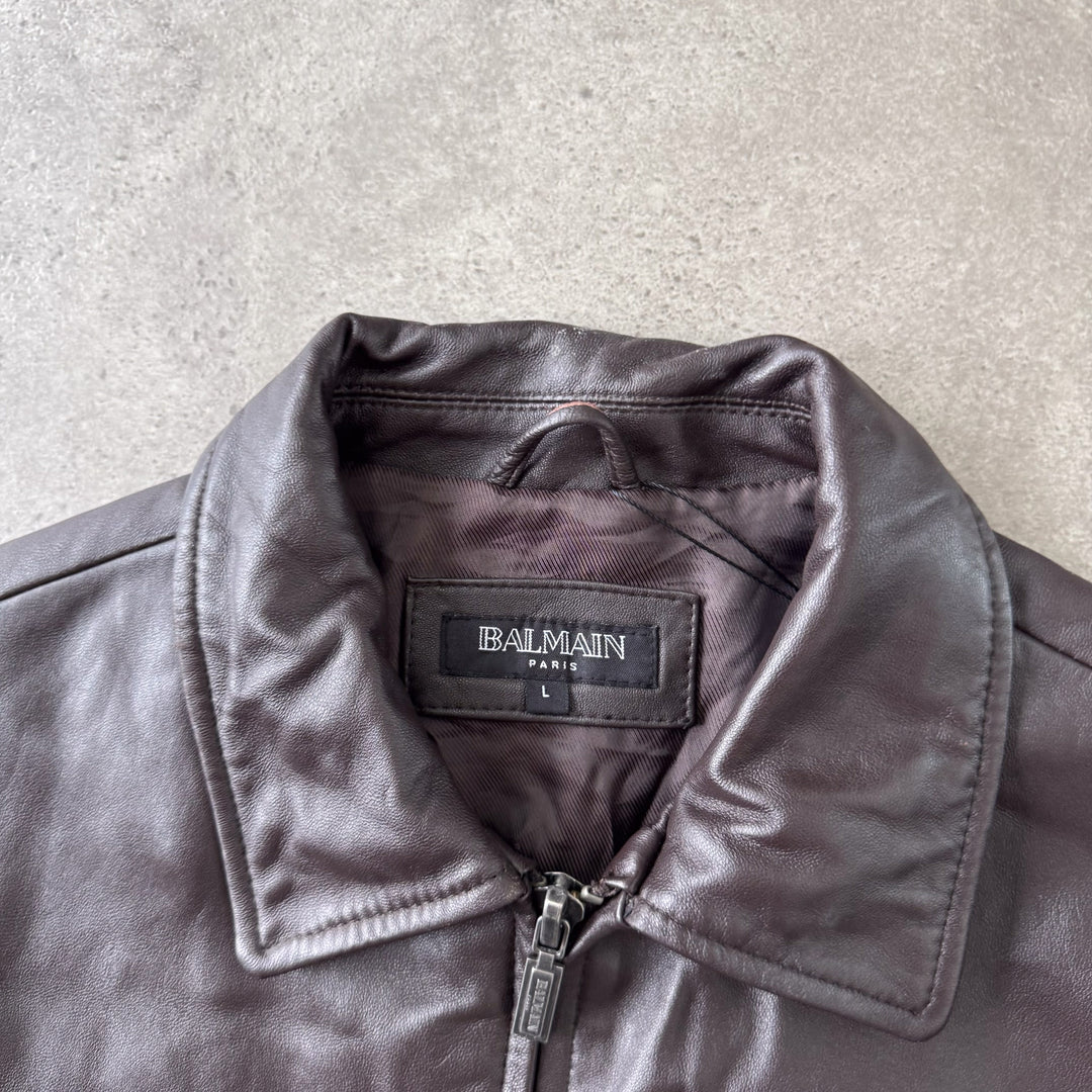 Balmain Leather Bomber Jacket Brown Men's L