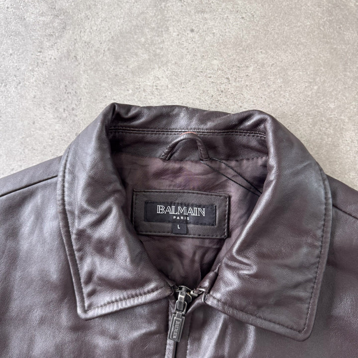 Balmain Leather Bomber Jacket Brown Men's L