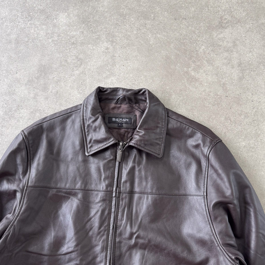 Balmain Leather Bomber Jacket Brown Men's L