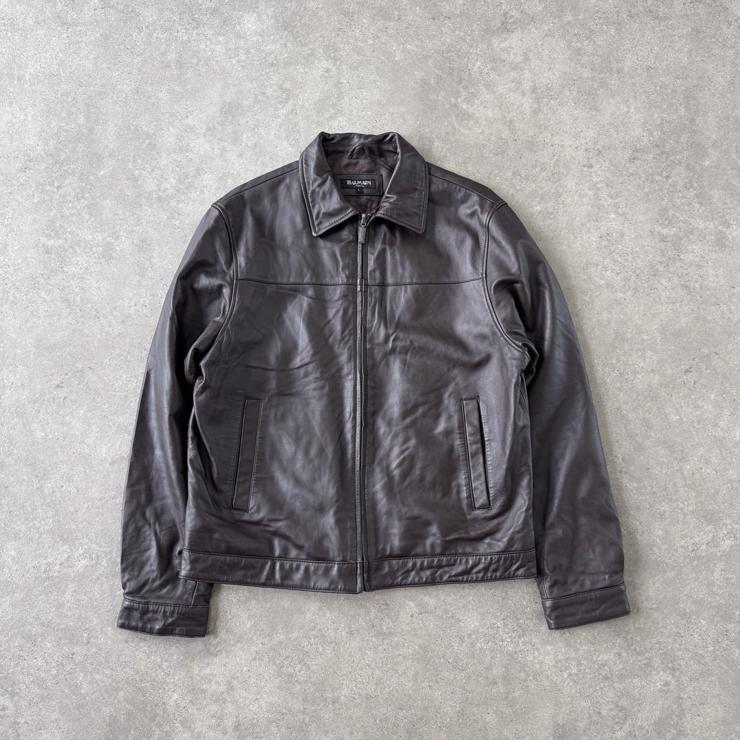 Balmain Leather Bomber Jacket Brown Men's L