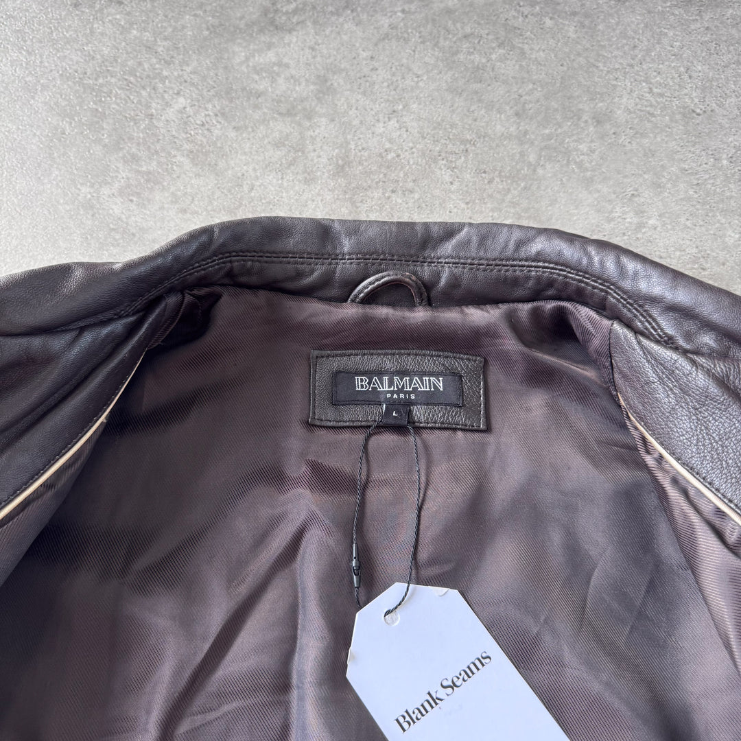 Balmain Leather Bomber Jacket Brown Men's L