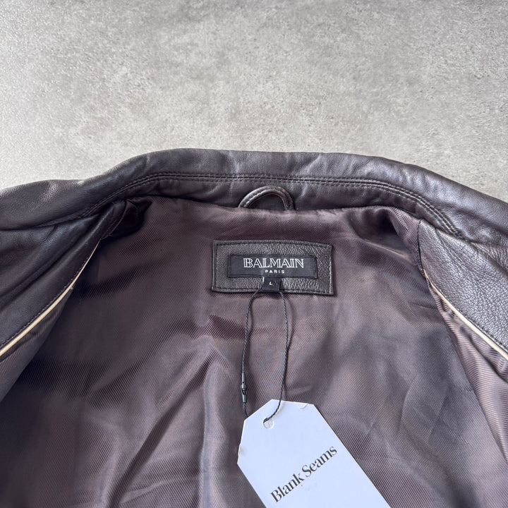 Balmain Leather Bomber Jacket Brown Men's L