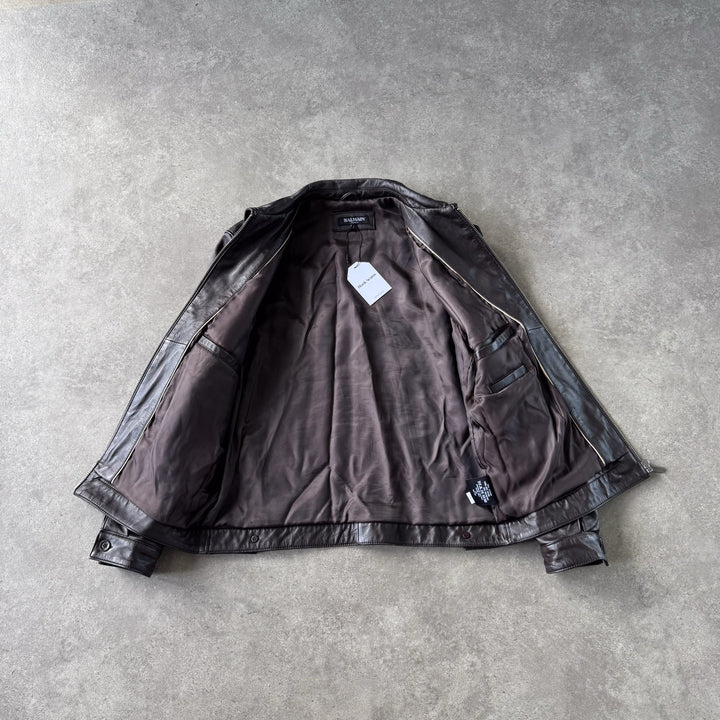 Balmain Leather Bomber Jacket Brown Men's L