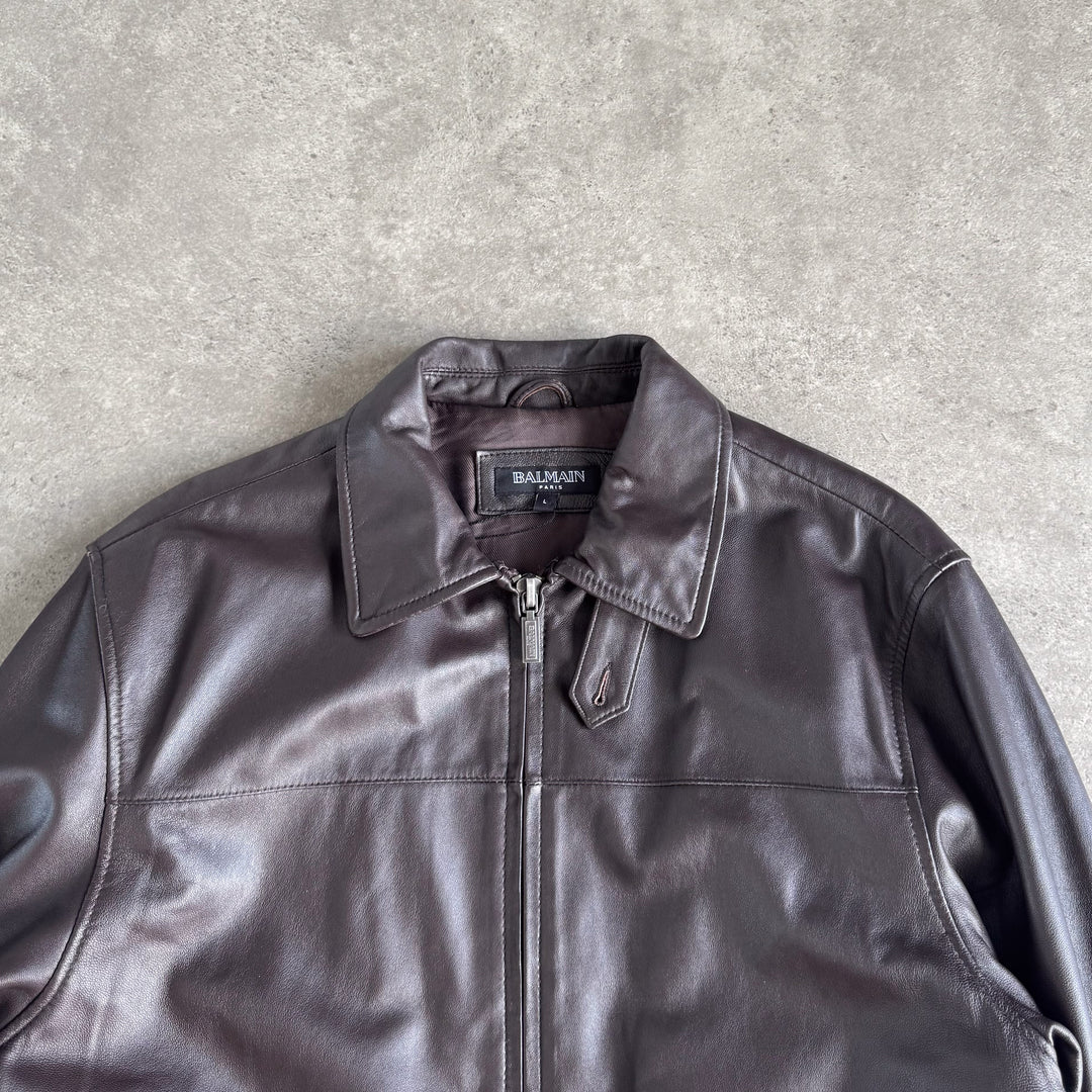 Balmain Leather Bomber Jacket Brown Men's L