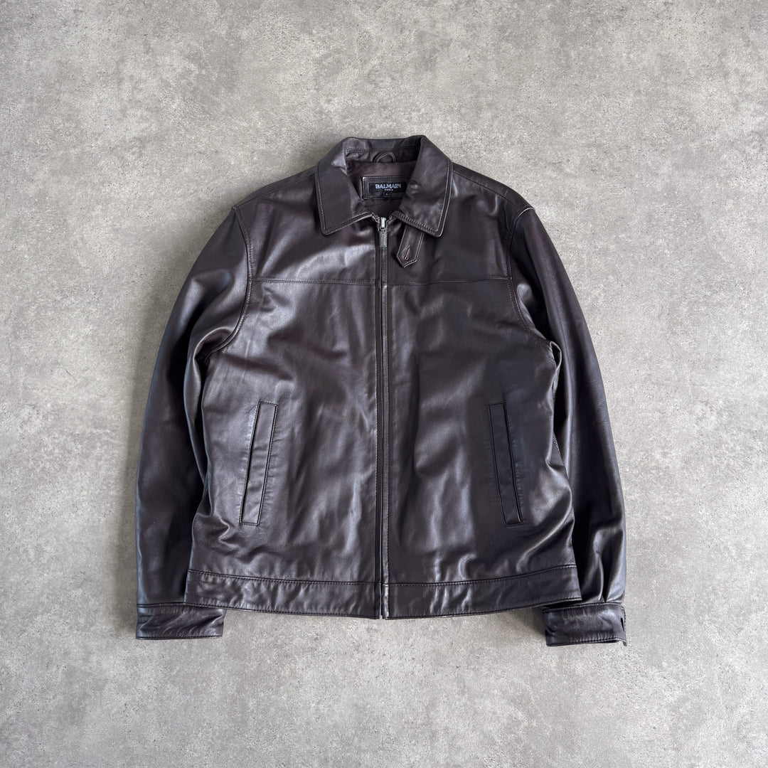 Balmain Leather Bomber Jacket Brown Men's L