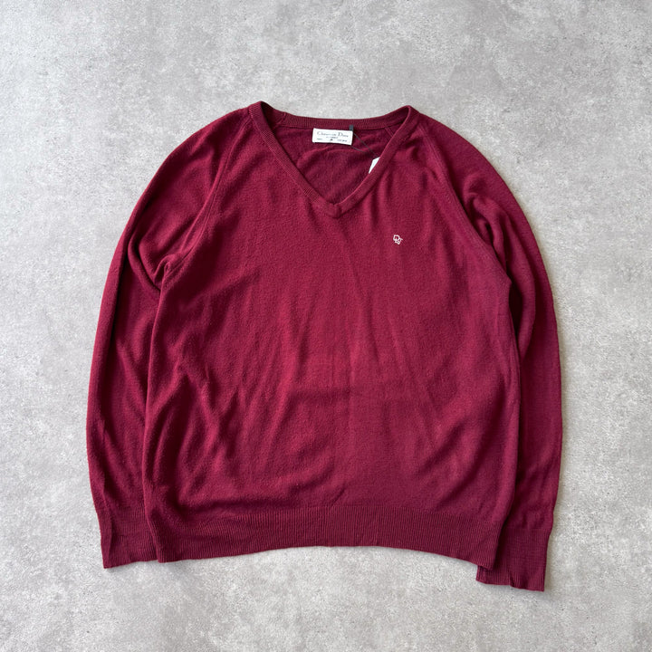 Christian Dior V-Neck Jumper Burgundy Women's XL
