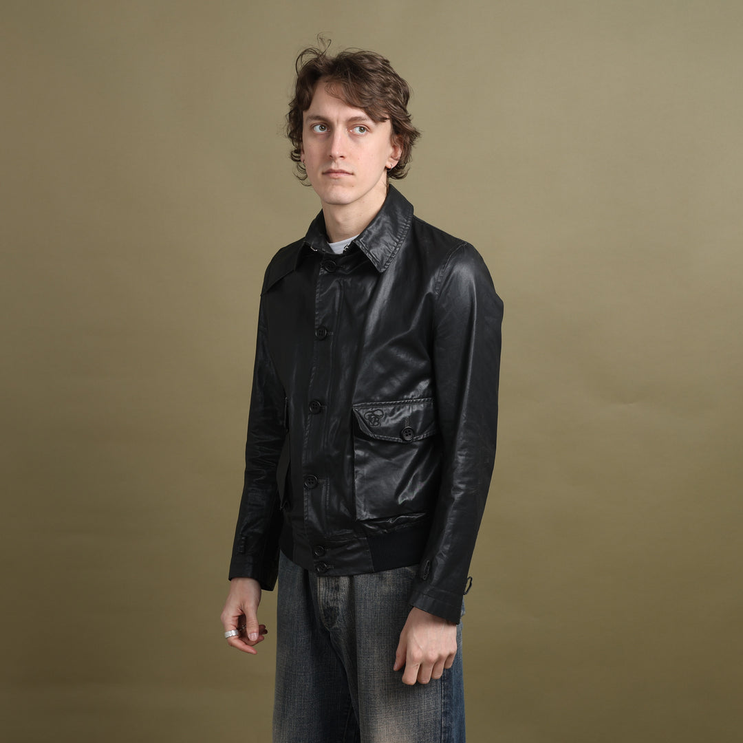 Thomas Burberry Waxed Cotton Bomber Jacket Black Men's M