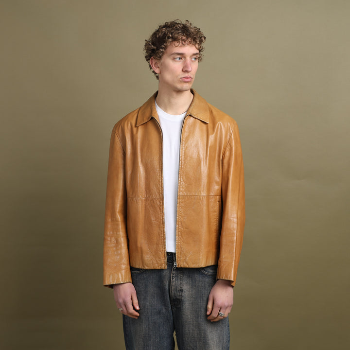 Hugo Boss Leather Bomber Jacket Mustard Yellow Men's L
