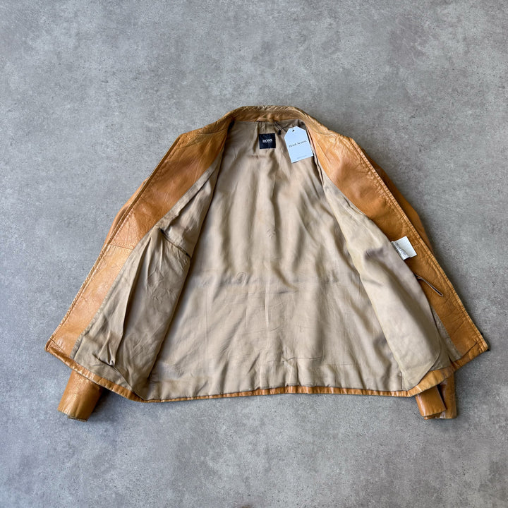 Hugo Boss Leather Bomber Jacket Mustard Yellow Men's L