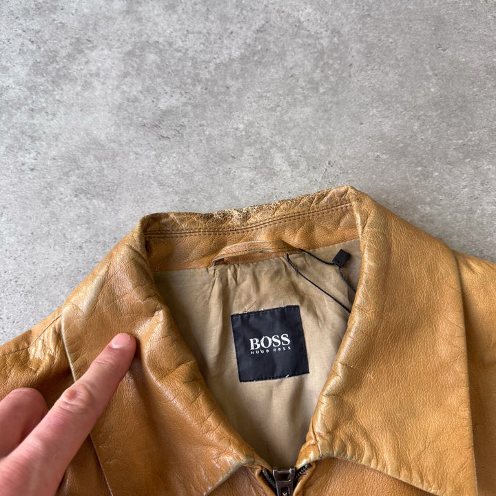 Hugo Boss Leather Bomber Jacket Mustard Yellow Men's L