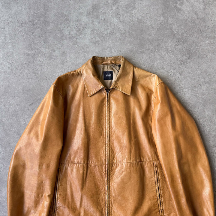 Hugo Boss Leather Bomber Jacket Mustard Yellow Men's L