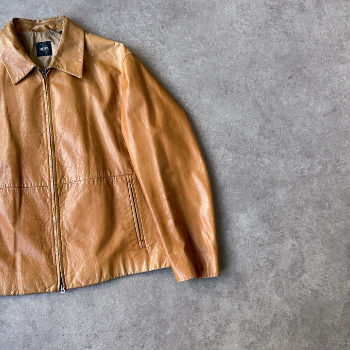 Hugo Boss Leather Bomber Jacket Mustard Yellow Men's L