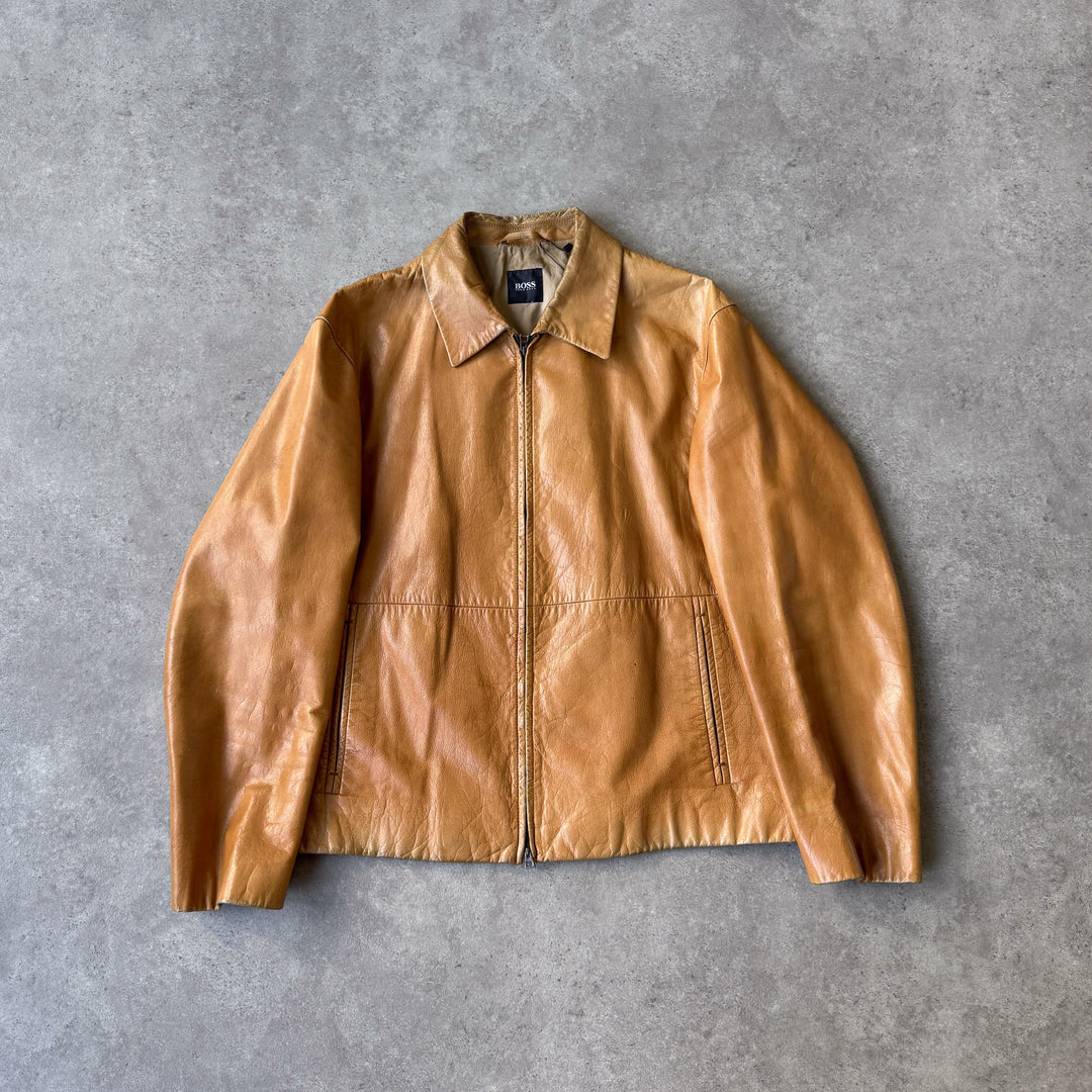 Hugo Boss Leather Bomber Jacket Mustard Yellow Men's L