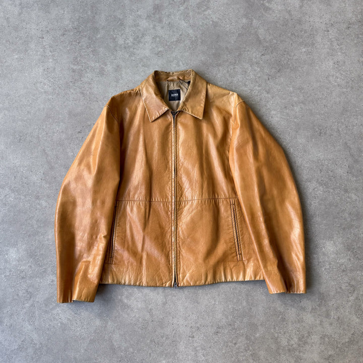 Hugo Boss Leather Bomber Jacket Mustard Yellow Men's L