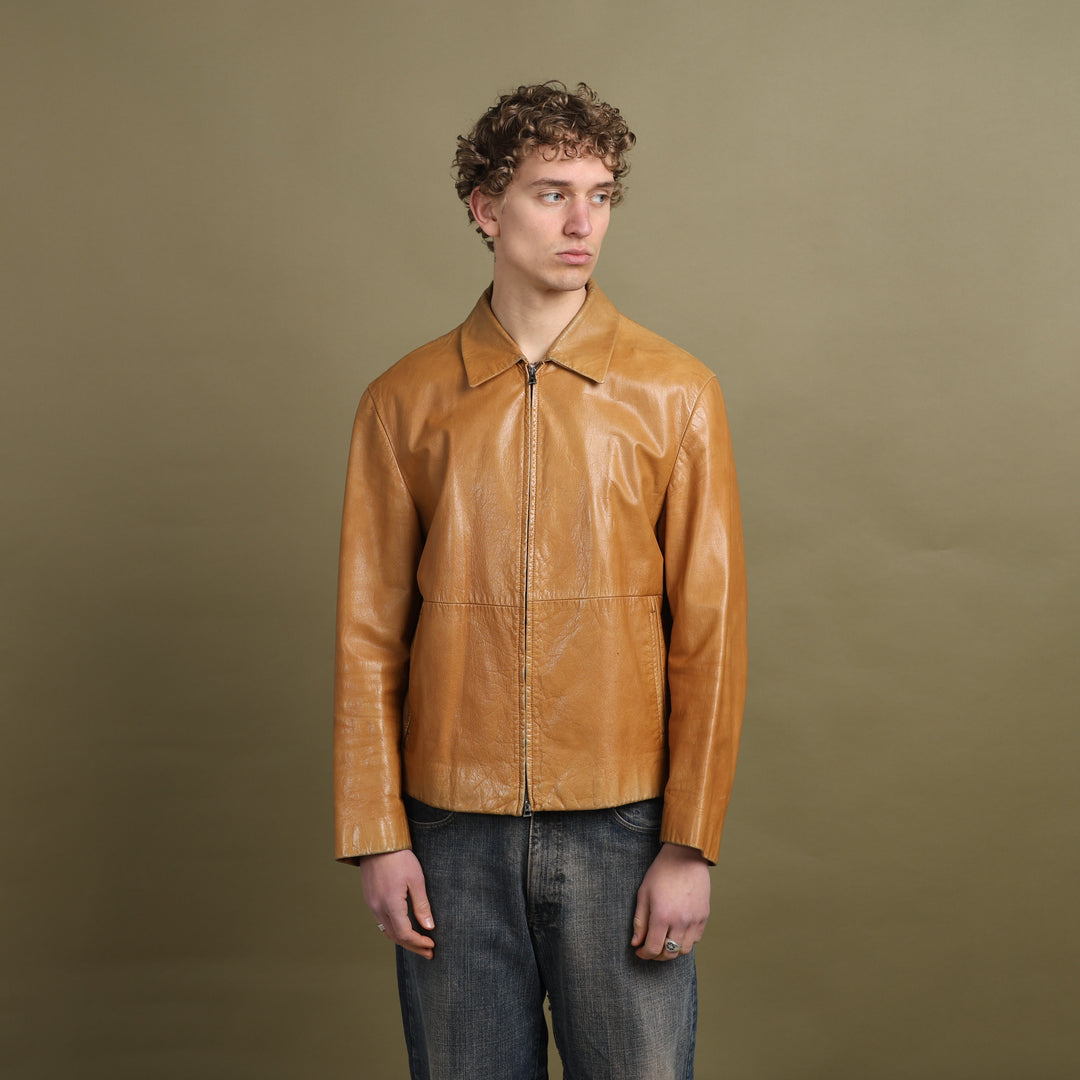 Hugo Boss Leather Bomber Jacket Mustard Yellow Men's L