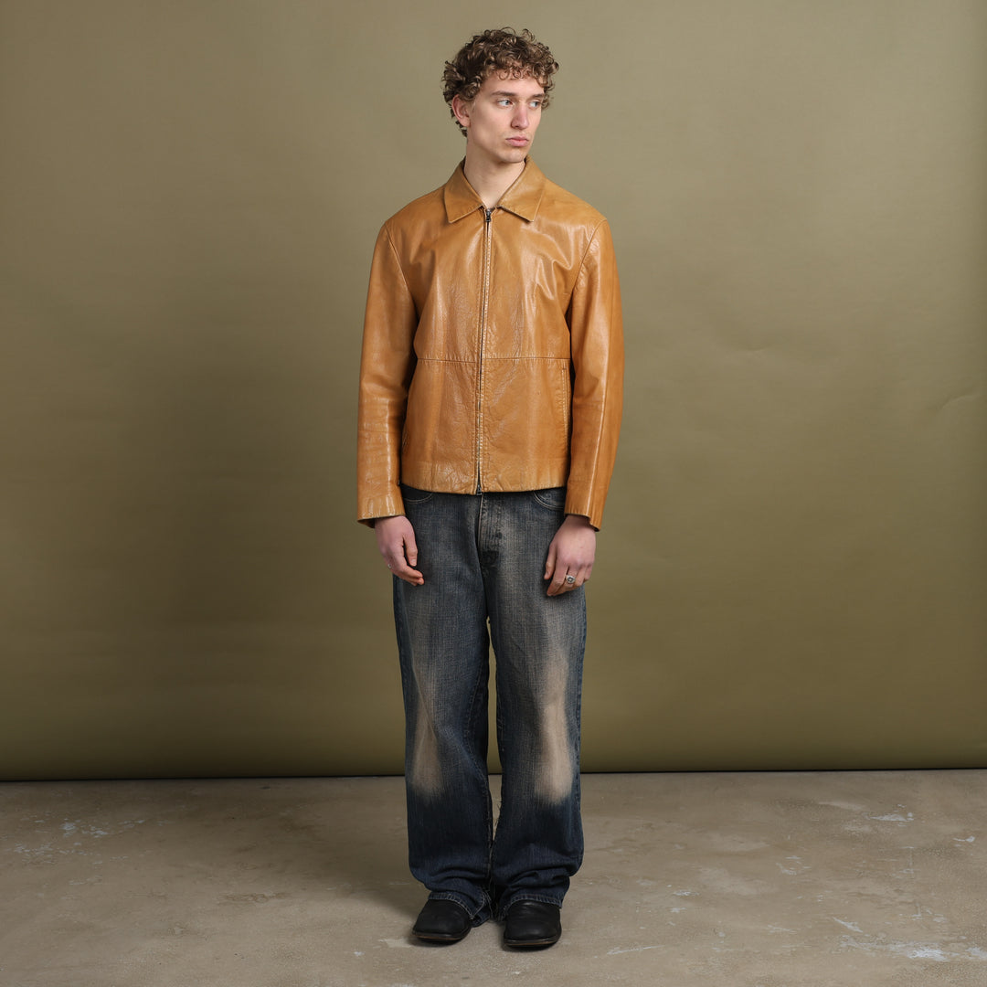 Hugo Boss Leather Bomber Jacket Mustard Yellow Men's L