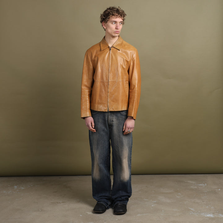 Hugo Boss Leather Bomber Jacket Mustard Yellow Men's L