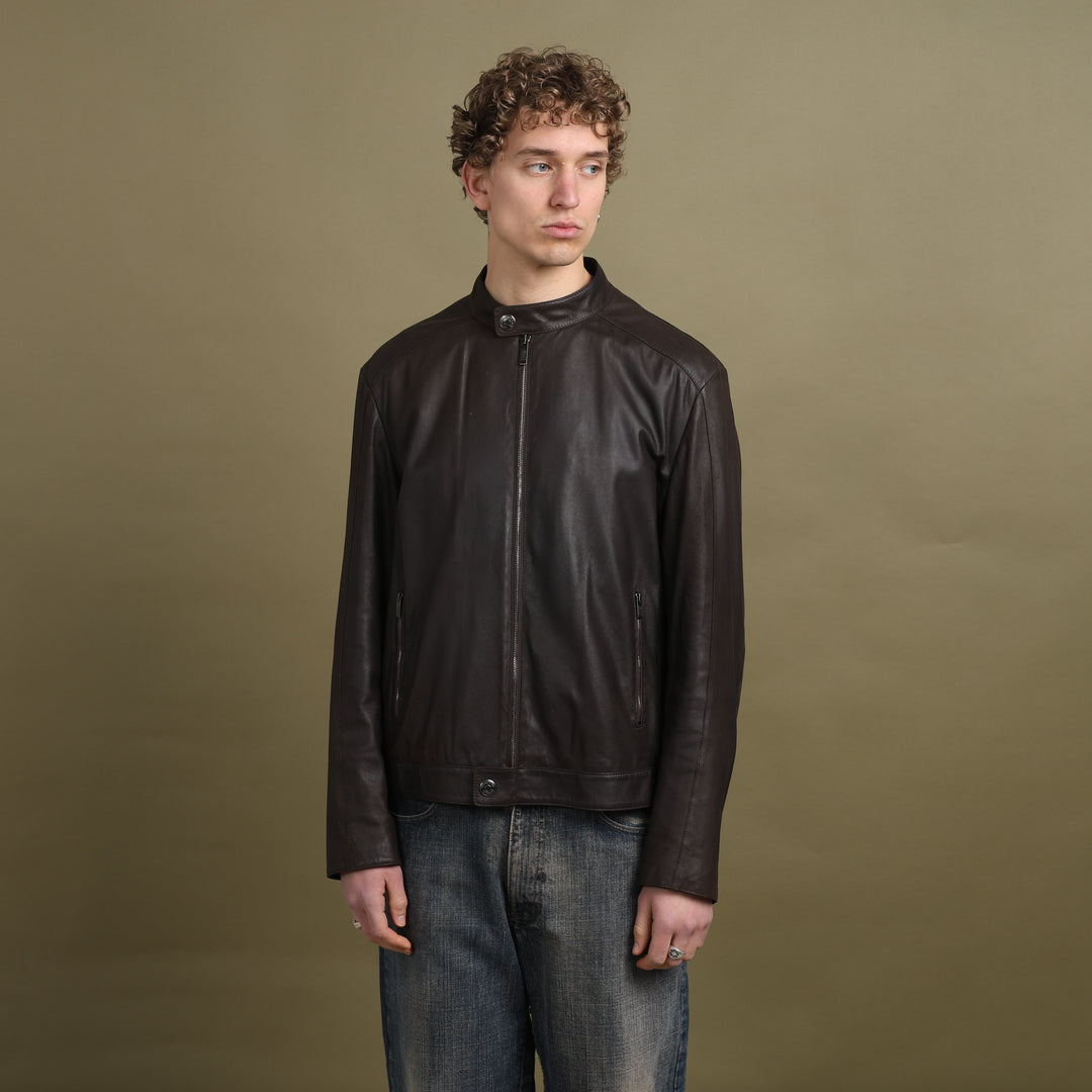 Armani Collezioni Leather Biker Jacket Dark Brown Men's L/XL