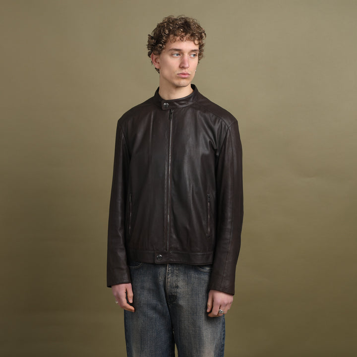 Armani Collezioni Leather Biker Jacket Dark Brown Men's L/XL