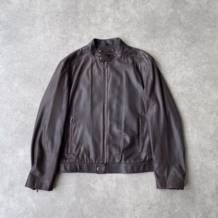 Armani Collezioni Leather Biker Jacket Dark Brown Men's L/XL
