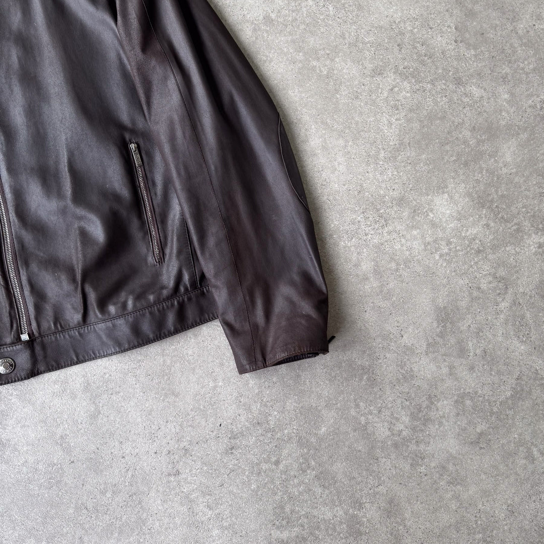 Armani Collezioni Leather Biker Jacket Dark Brown Men's L/XL