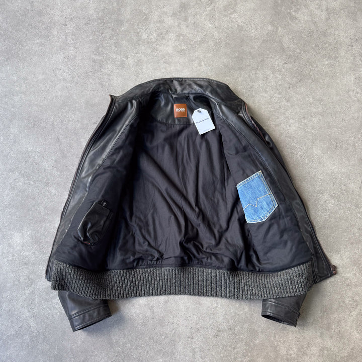 Hugo Boss Faux Leather Bomber Jacket Brown Men's L