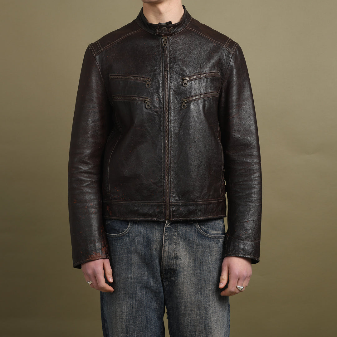 Marlboro Classics Leather Biker Jacket Dark Brown Men's L