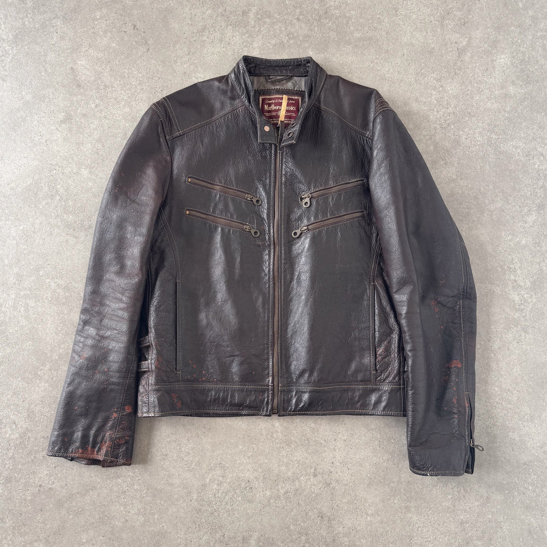 Marlboro Classics Leather Biker Jacket Dark Brown Men's L