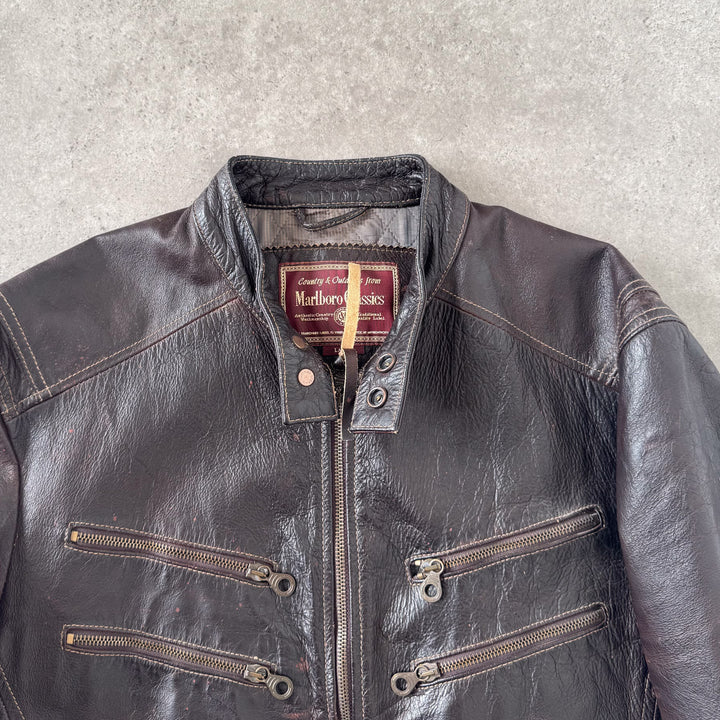 Marlboro Classics Leather Biker Jacket Dark Brown Men's L