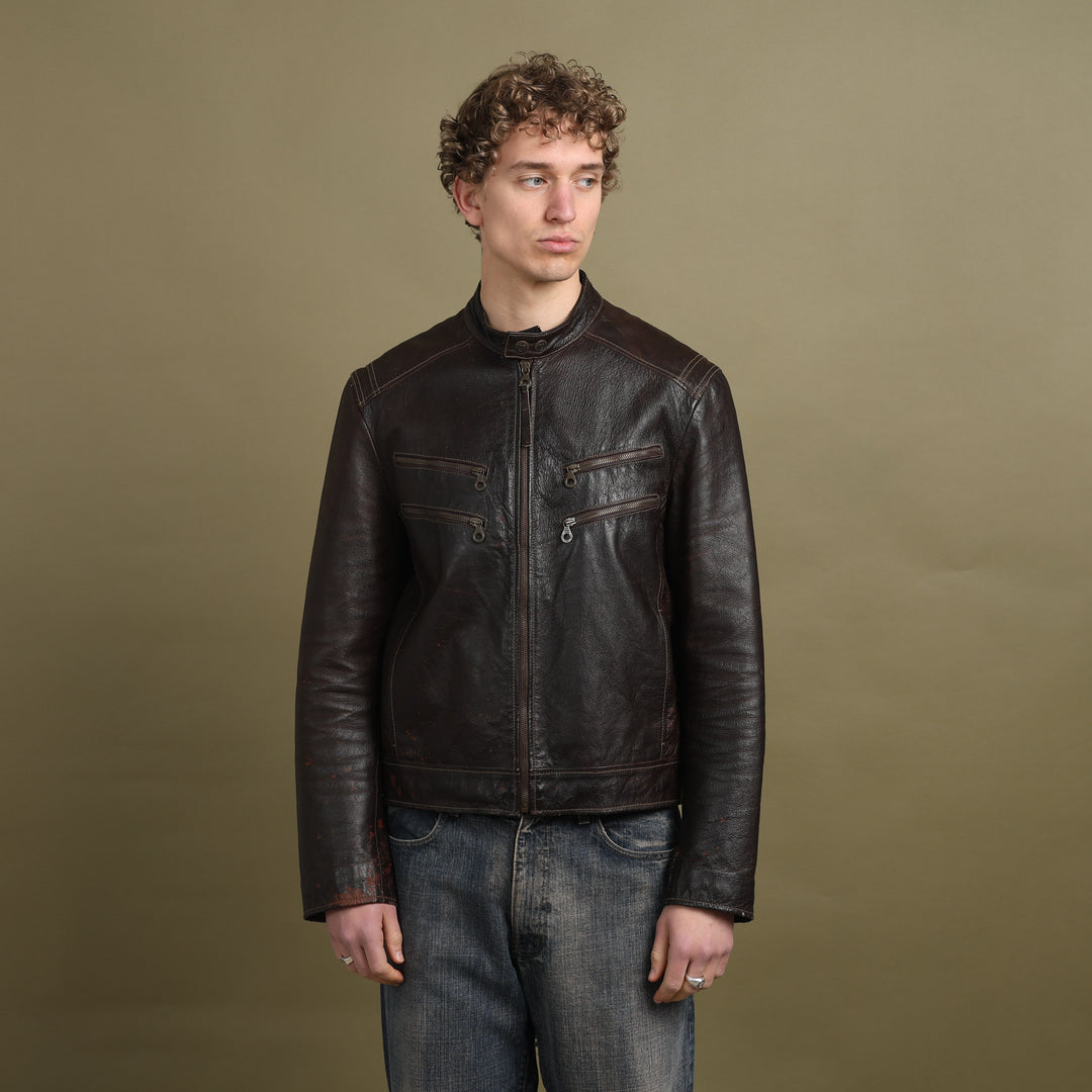 Marlboro Classics Leather Biker Jacket Dark Brown Men's L