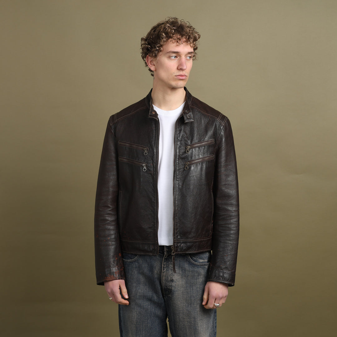 Marlboro Classics Leather Biker Jacket Dark Brown Men's L