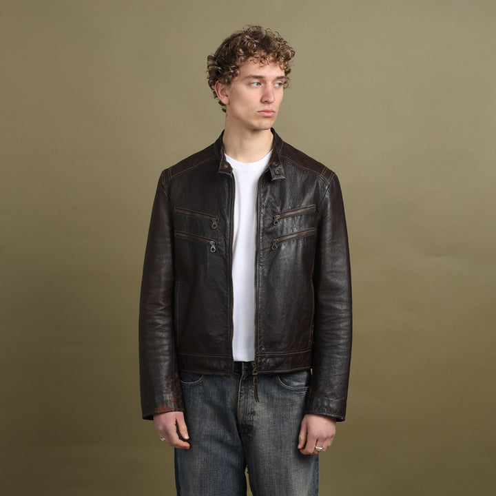 Marlboro Classics Leather Biker Jacket Dark Brown Men's L