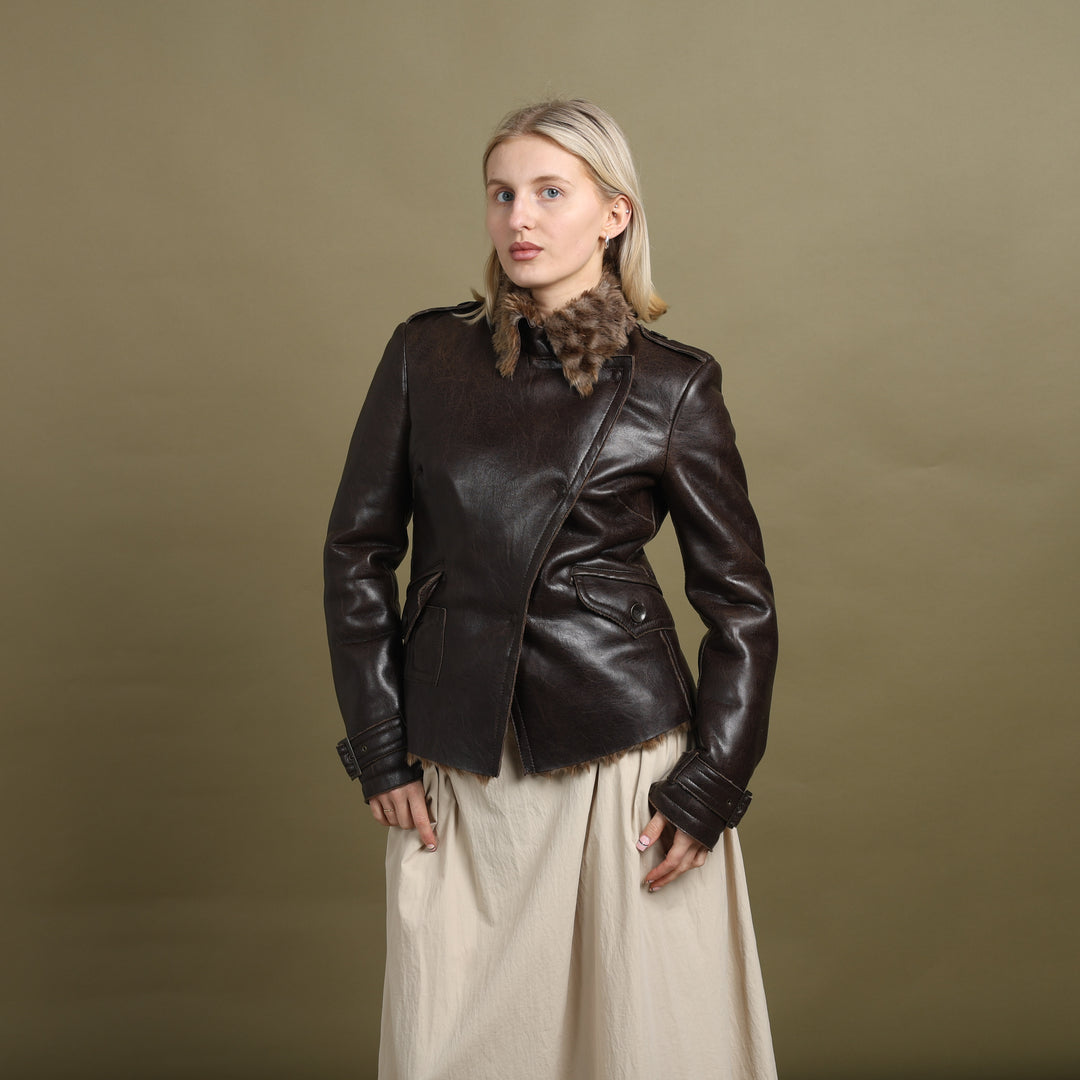 Armani Jeans Faux Leather Bomber Jacket Brown Women's UK 10