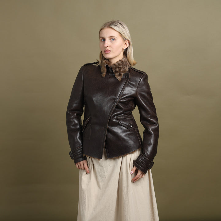 Armani Jeans Faux Leather Bomber Jacket Brown Women's UK 10