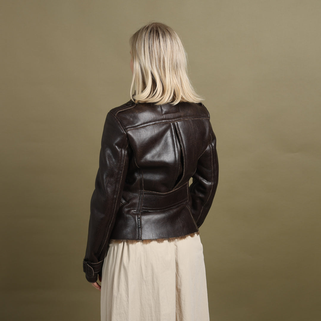 Armani Jeans Faux Leather Bomber Jacket Brown Women's UK 10