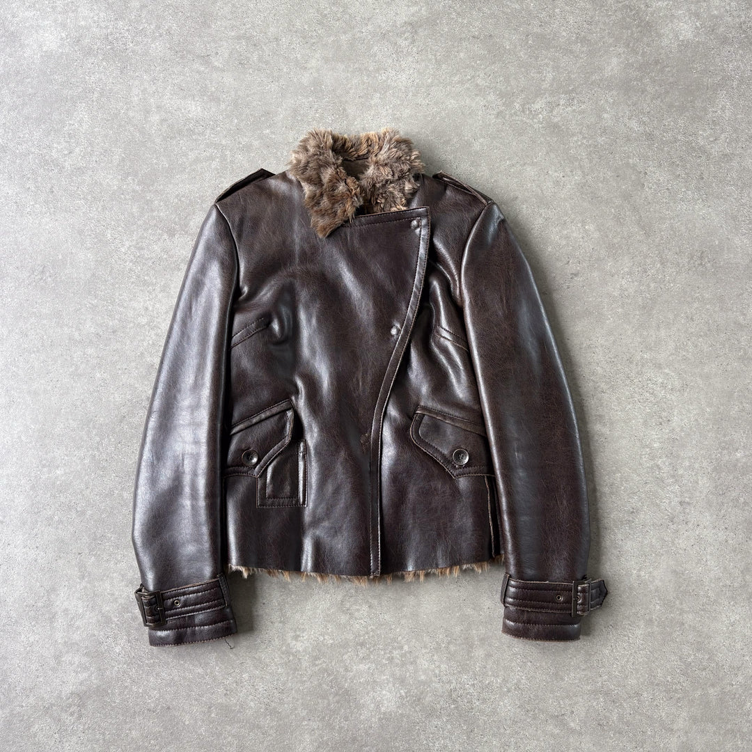 Armani Jeans Faux Leather Bomber Jacket Brown Women's UK 10
