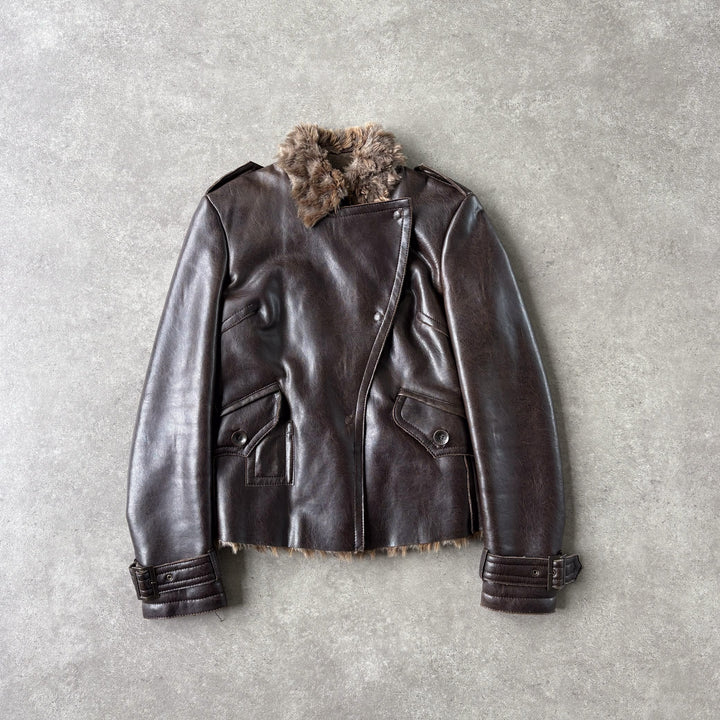 Armani Jeans Faux Leather Bomber Jacket Brown Women's UK 10