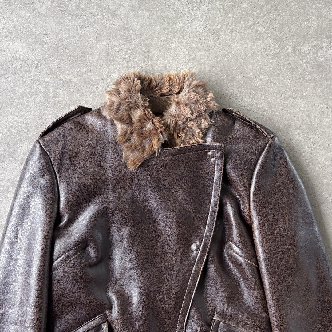 Armani Jeans Faux Leather Bomber Jacket Brown Women's UK 10