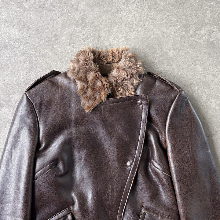 Armani Jeans Faux Leather Bomber Jacket Brown Women's UK 10
