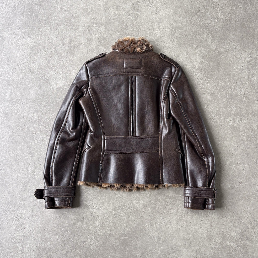 Armani Jeans Faux Leather Bomber Jacket Brown Women's UK 10