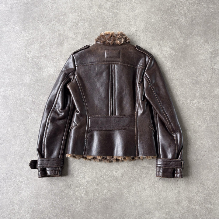 Armani Jeans Faux Leather Bomber Jacket Brown Women's UK 10