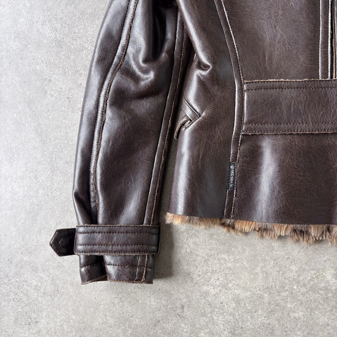 Armani Jeans Faux Leather Bomber Jacket Brown Women's UK 10