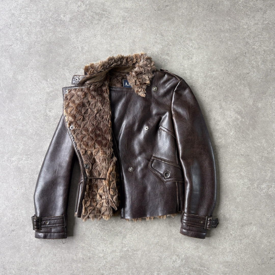Armani Jeans Faux Leather Bomber Jacket Brown Women's UK 10