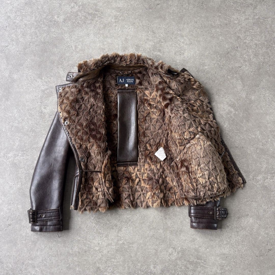 Armani Jeans Faux Leather Bomber Jacket Brown Women's UK 10