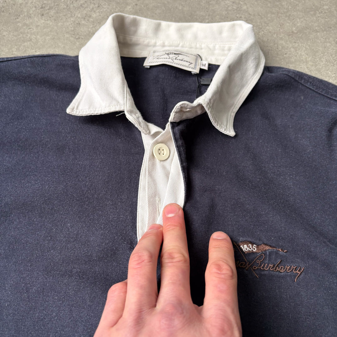 Thomas Burberry Rugby Shirt Navy Blue & White Men's XL