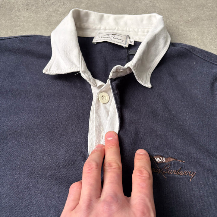 Thomas Burberry Rugby Shirt Navy Blue & White Men's XL